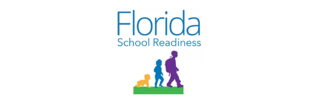 The official Florida School Readiness logo featuring a graphic illustration of an adult a child and a toddler walking in a line with the text Florida School Readiness prominently displayed