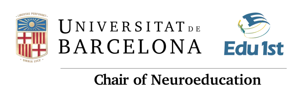 The Chair of Neuroeducation logo from the University of Barcelona featuring the universitys heraldic shield on the left and the Edu1st logo on the right